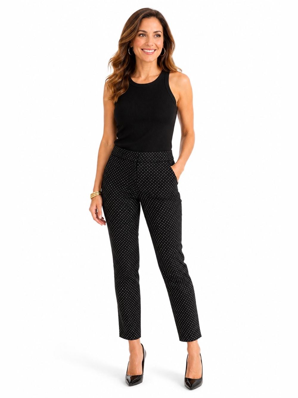 Amanda + Chelsea Size 4 Black White Polka Dot Slim Ankle Pants Stretch Workwear